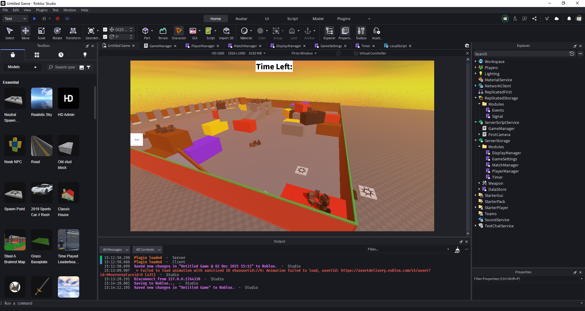 A student creates a dynamic obstacle course game in Roblox Studio, featuring colorful platforms, ramps, and a timer system. The project demonstrates skills in 3D level design, game mechanics, and scripting with multiple game management modules visible in the Explorer panel.