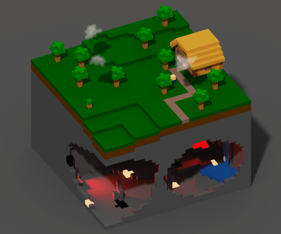 A creative voxel-based 3D scene featuring a multi-layered world design. The student crafted a peaceful village setting on the surface with trees and a house, while imagining what lies beneath in an underground cavern layer.