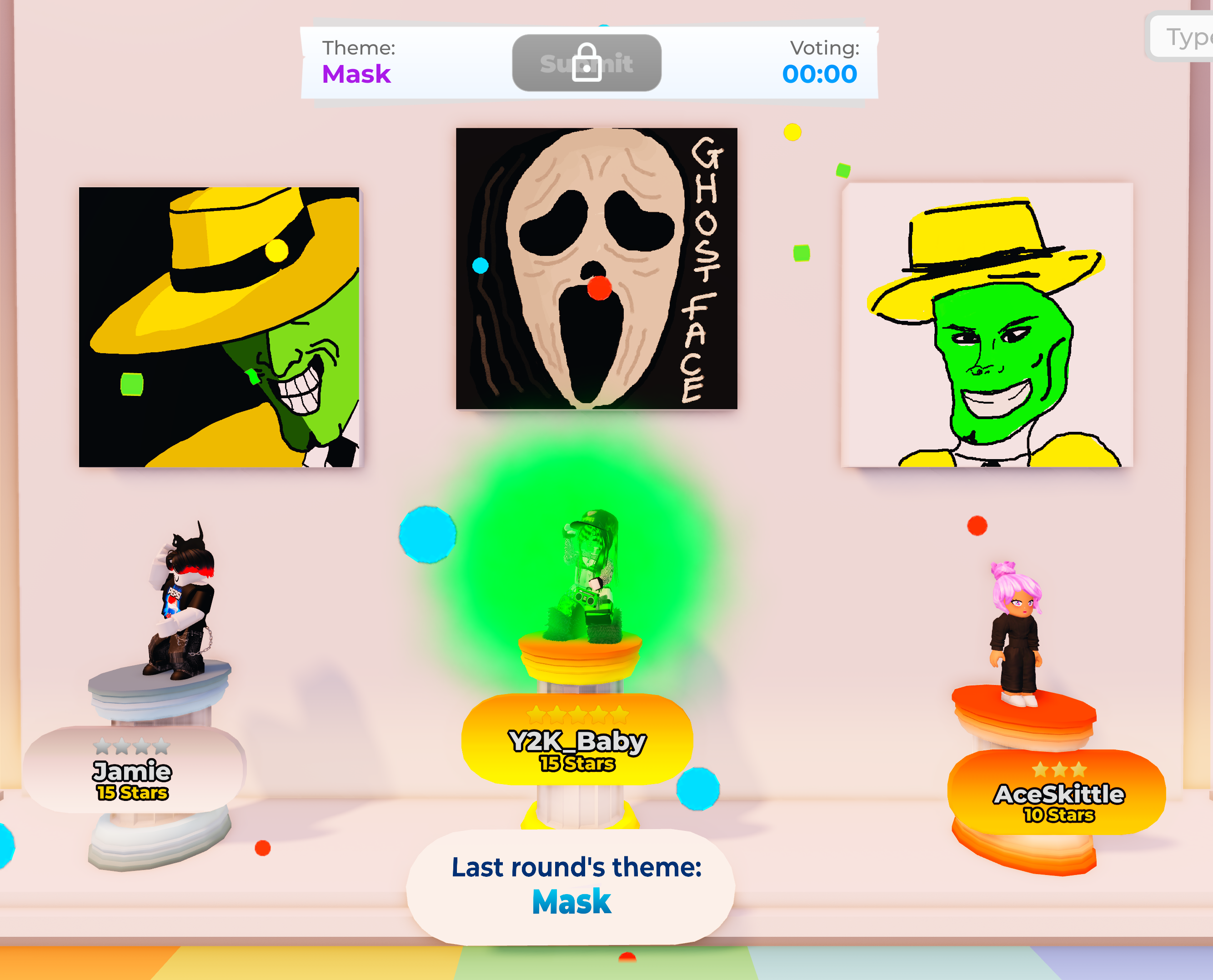 Students showcased their creativity in a Mask-themed drawing game, creating unique character designs from ghost faces to stylish masked figures. This multiplayer session demonstrates collaborative creativity and quick artistic thinking under timed conditions.