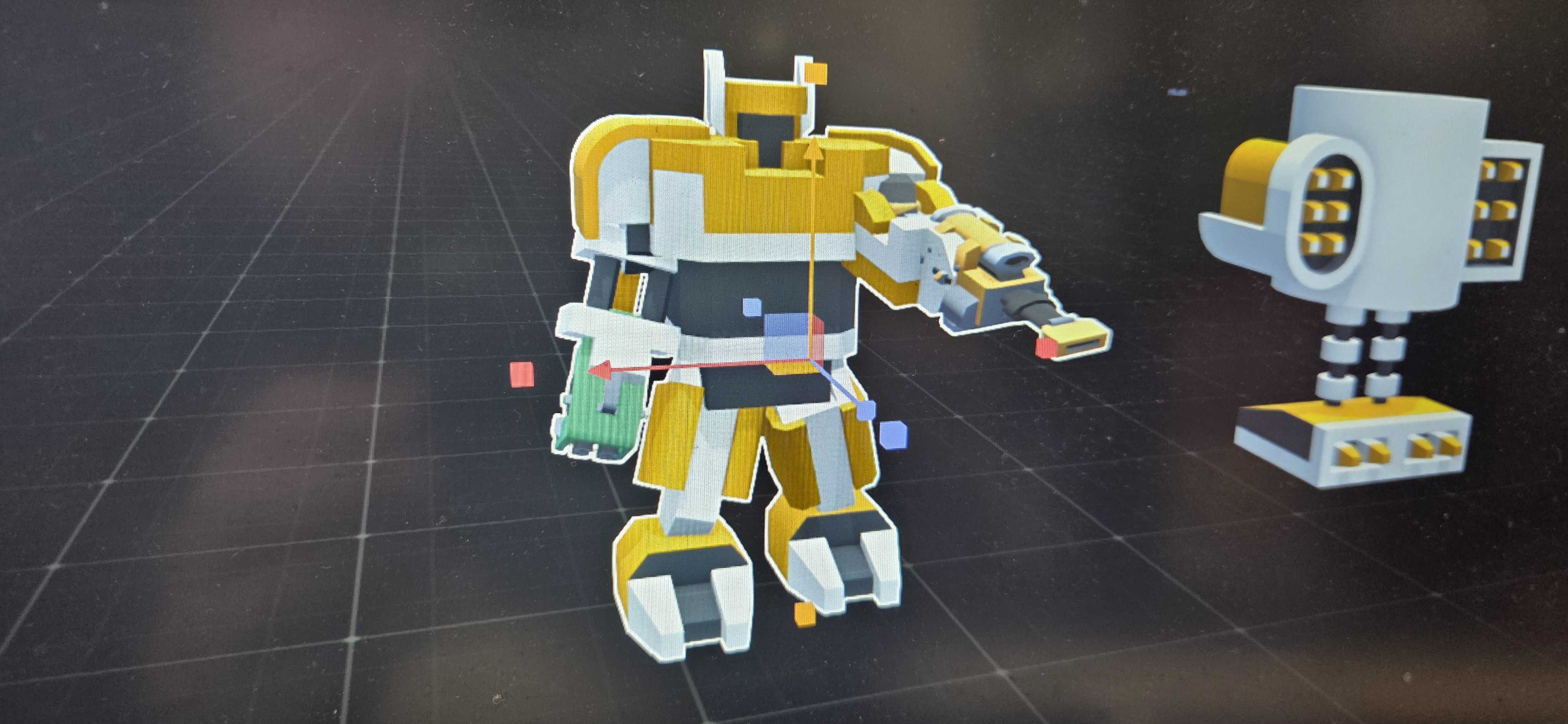 A detailed 3D model of a robot character created in MagicaVoxel, featuring intricate voxel work with yellow and white armor plating, mechanical arms, and custom detailing. The student demonstrates strong understanding of voxel modeling techniques and character design principles.