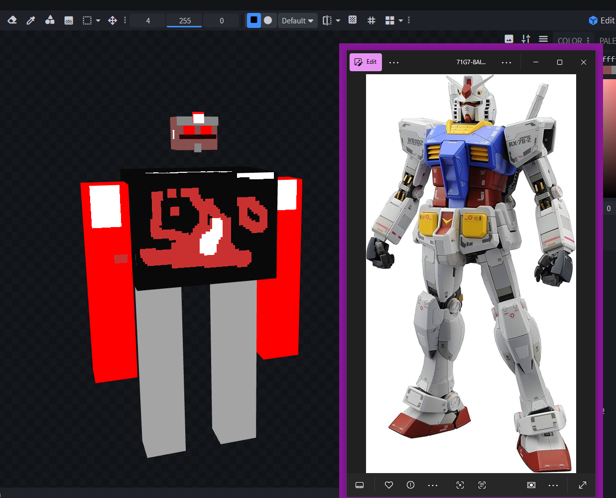 A student created this impressive voxel-based character model, using a reference image of a Gundam figure to guide their 3D design. The blocky, pixelated style shows great attention to colour blocking and proportions, transforming the detailed robot into a recognizable voxel art piece.