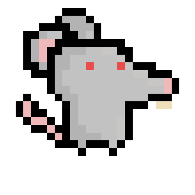 A creative pixel art character design featuring a grey creature with expressive red eyes and pink accents. This charming digital sprite shows great attention to detail in its color palette and proportions, perfect for game development projects.