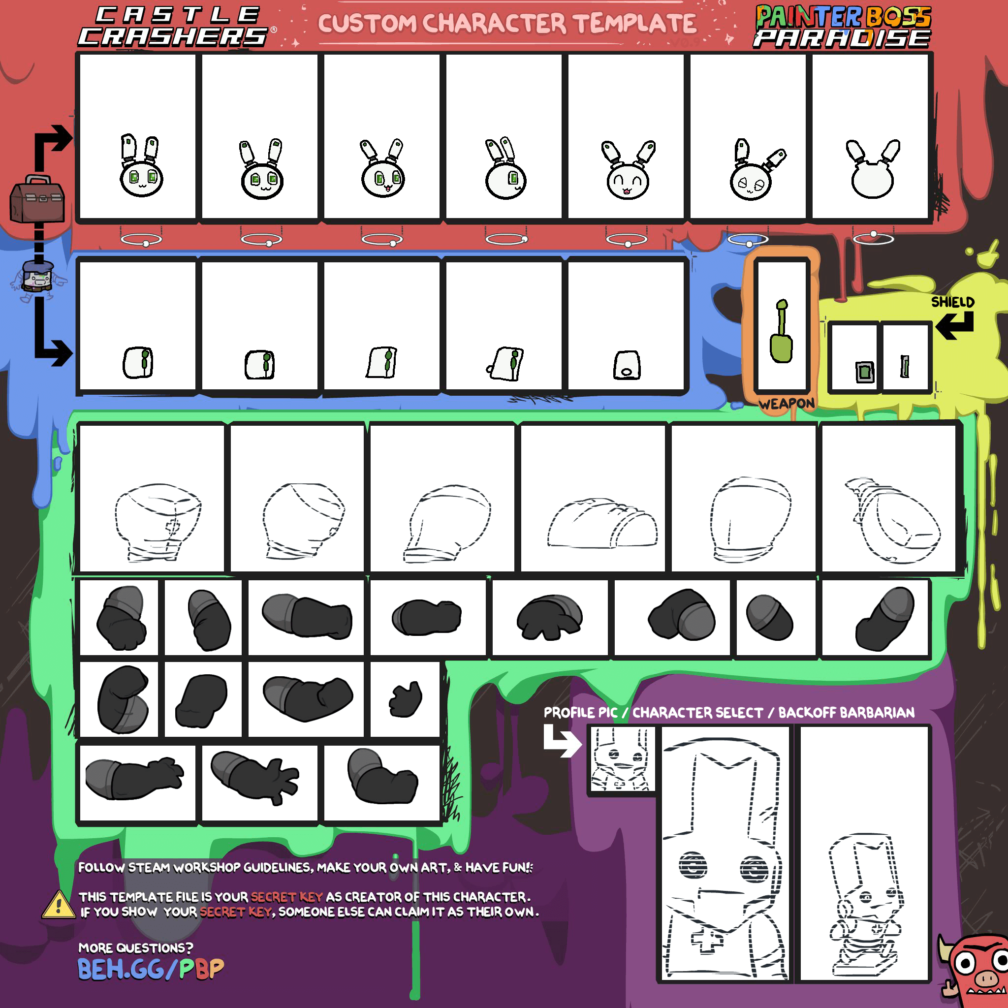 Custom character design template for Castle Crashers created in Painter Boss Paradise. This detailed sprite sheet shows multiple angles, expressions, and body parts needed to bring a unique rabbit character to life in the game.