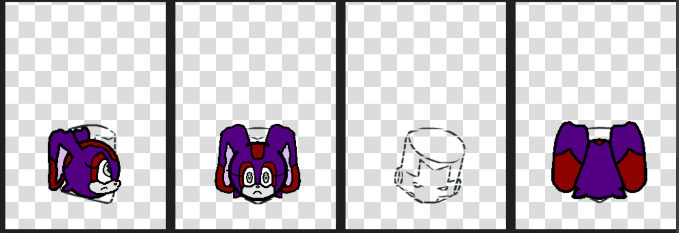 A student created this character design showing different angles and views of a purple bunny character with red accents. The turnaround sheet demonstrates understanding of 3D modeling concepts by presenting front, side, and back perspectives of their original character design.