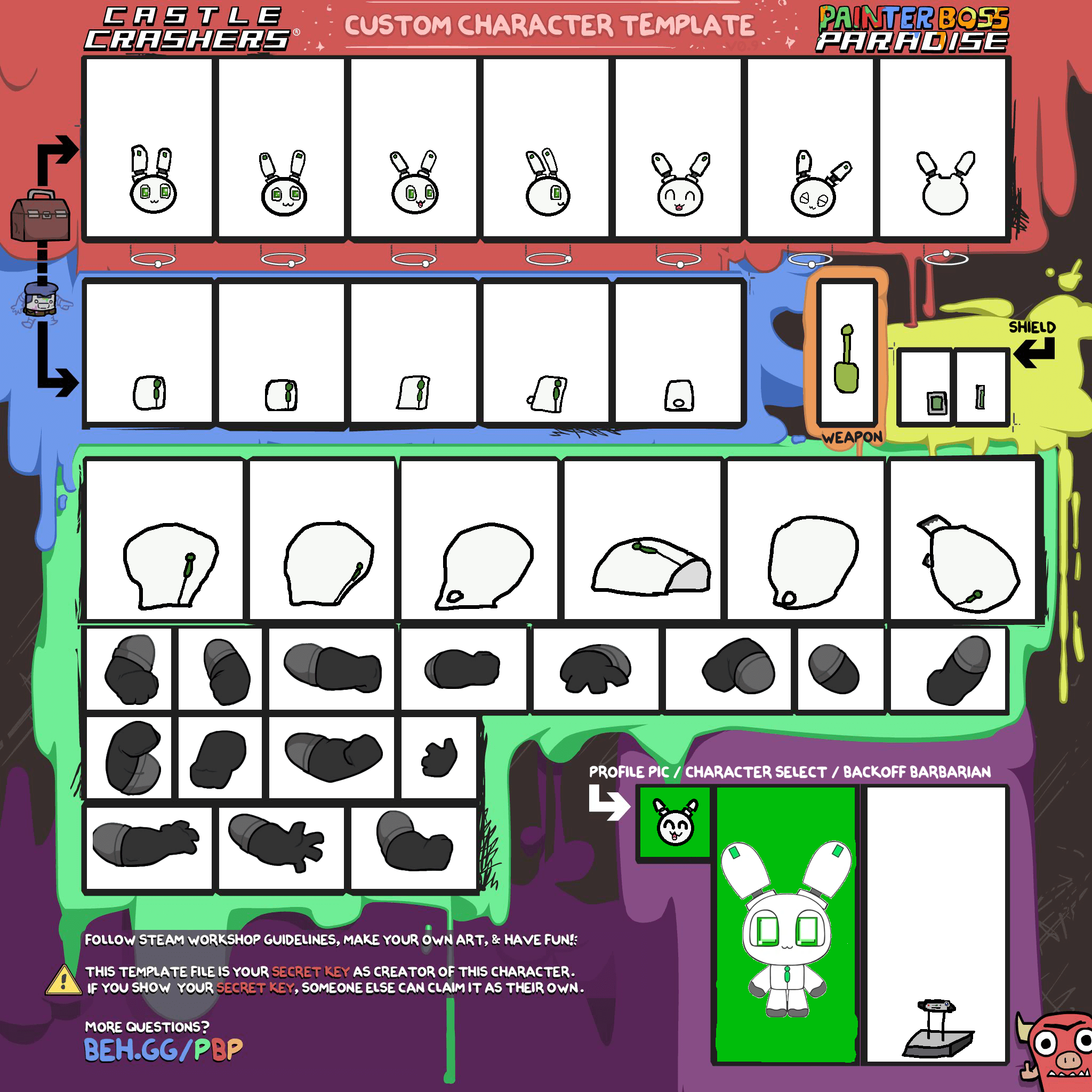 Custom character design template for Castle Crashers in the Painter Boss Paradise workshop. A student created their own unique bunny-style character with custom expressions, poses, and equipment options using the game's modding tools.