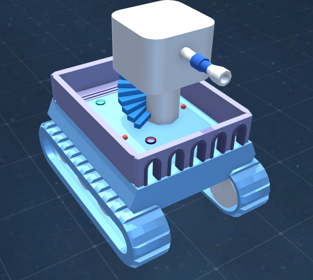 A creative 3D model featuring a tracked vehicle with blue treads, topped with a puzzle-inspired game level complete with stairs, platforms, and collectible rings. This piece demonstrates solid understanding of 3D modeling techniques and game design concepts.