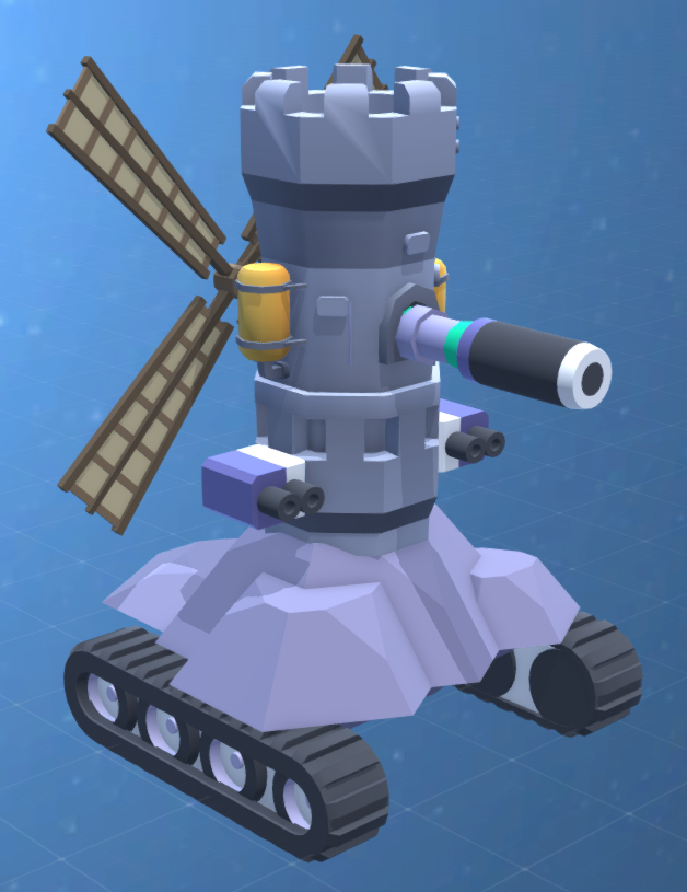 A creative 3D modeled defensive tower featuring solar panels, mounted weapons, and tank treads for mobility. This detailed low-poly design showcases strong technical modeling skills and imaginative game asset creation.