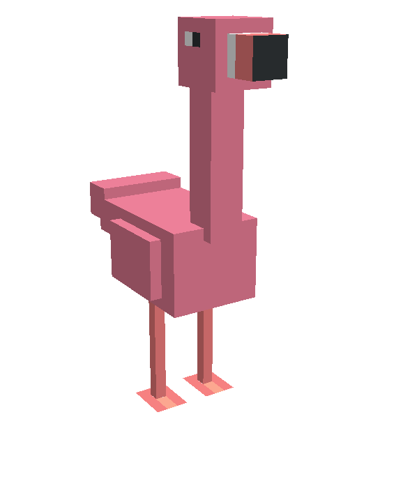 A creative voxel-based 3D model of a pink flamingo character, complete with detailed blocky features and a charming low-poly aesthetic. The student demonstrated strong spatial awareness and design skills in creating this whimsical bird.
