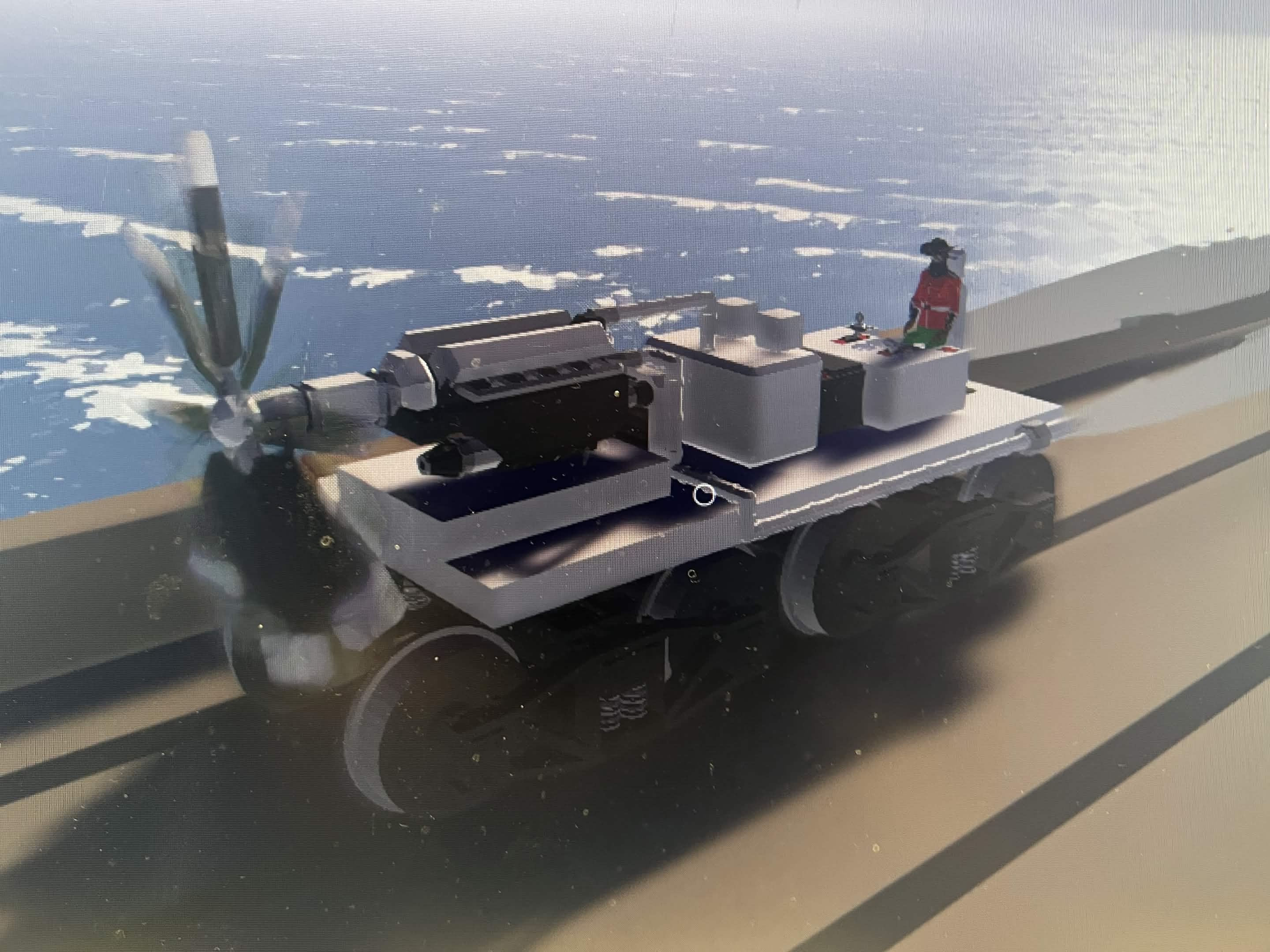 A detailed 3D modelled vehicle creation featuring custom-designed components including wheels, platform, and minifigure character. This project demonstrates skillful use of 3D modelling techniques to build a complex multi-part scene with realistic beach/coastal environment.