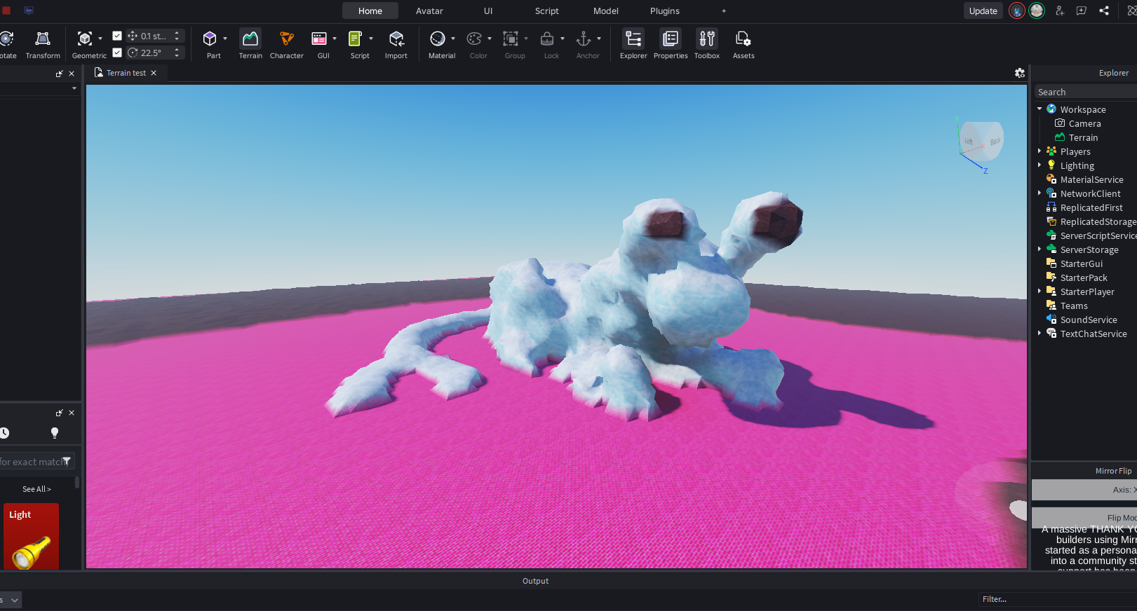 A creative 3D creature model being developed in Roblox Studio, featuring a unique fluffy design with an icy blue color scheme. The student has crafted detailed sculptural forms positioned on custom terrain, demonstrating their skills in character modeling and game environment design.