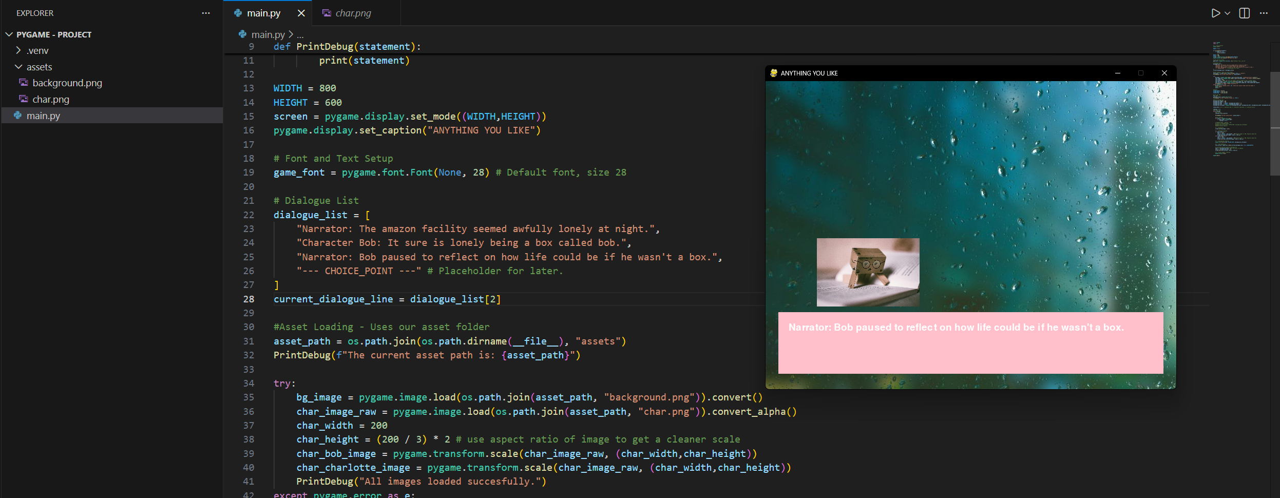 A student developed a narrative-driven game using Python and Pygame, featuring dialogue systems, character art integration, and custom asset loading. The game tells the story of a character named Bob through text-based narration with visual elements.